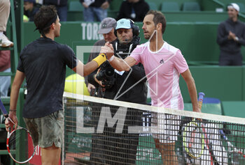 2023-04-10 - Dominic Thiem of Austria salutes RIchard Gasquet of France at the net after his his first round victory during the Rolex Monte-Carlo Masters 2023, an ATP Masters 1000 tennis event on April 10, 2023 at Monte-Carlo Country Club in Roquebrune Cap Martin, France - TENNIS - ROLEX MONTE CARLO MASTERS 2023 - INTERNATIONALS - TENNIS