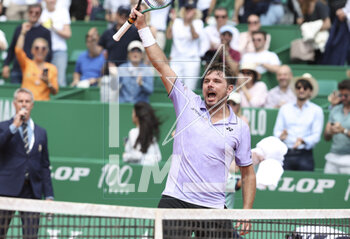 2023-04-10 - Stan Wawrinka of Switzerland celebrates his first round victory against Tallon Griekspoor of Netherlands during the Rolex Monte-Carlo Masters 2023, an ATP Masters 1000 tennis event on April 10, 2023 at Monte-Carlo Country Club in Roquebrune Cap Martin, France - TENNIS - ROLEX MONTE CARLO MASTERS 2023 - INTERNATIONALS - TENNIS