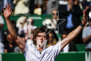 2023-04-11 - Andrey RUBLEV of Russia celebrates his victory during the Rolex Monte-Carlo, ATP Masters 1000 tennis event on April 11, 2023 at Monte-Carlo Country Club in Roquebrune Cap Martin, France - TENNIS - ROLEX MONTE CARLO MASTERS 2023 - INTERNATIONALS - TENNIS