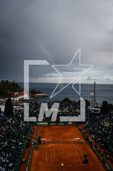 2023-04-15 - General view with a rainbow during the Rolex Monte-Carlo, ATP Masters 1000 tennis event on April 15, 2023 at Monte-Carlo Country Club in Roquebrune Cap Martin, France - TENNIS - ROLEX MONTE CARLO MASTERS 2023 - INTERNATIONALS - TENNIS