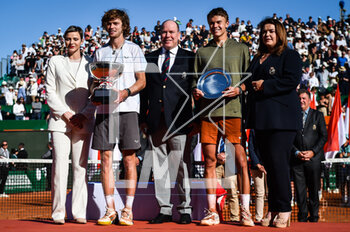 2023-04-16 - Princess Charlene of Monaco, Andrey RUBLEV of Russia with his trophy, Prince Albert II of Monaco, Holger RUNE of Denmark with his trophy and Melanie-Antoinette DE MASSY President of the Monegasque Tennis Federation (FMT) during the Rolex Monte-Carlo, ATP Masters 1000 tennis event on April 16, 2023 at Monte-Carlo Country Club in Roquebrune Cap Martin, France - TENNIS - ROLEX MONTE CARLO MASTERS 2023 - INTERNATIONALS - TENNIS
