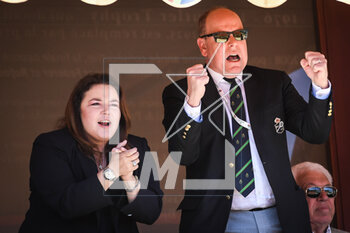 2023-04-16 - Melanie-Antoinette DE MASSY President of the Monegasque Tennis Federation (FMT) and Prince Albert II of Monaco celebrate during the Rolex Monte-Carlo, ATP Masters 1000 tennis event on April 16, 2023 at Monte-Carlo Country Club in Roquebrune Cap Martin, France - TENNIS - ROLEX MONTE CARLO MASTERS 2023 - INTERNATIONALS - TENNIS