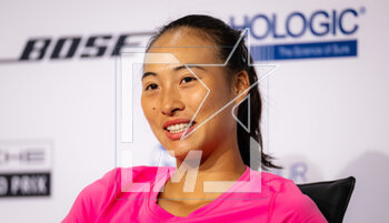 2023-04-17 - Qinwen Zheng of China talks to the media after the first round of the 2023 Porsche Tennis Grand Prix, WTA 500 tennis tournament on April 17, 2023 in Stuttgart, Germany - TENNIS - WTA - 2023 PORSCHE TENNIS GRAND PRIX - INTERNATIONALS - TENNIS