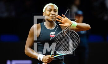 2023-04-19 - Coco Gauff of the United States in action during the first round of the 2023 Porsche Tennis Grand Prix, WTA 500 tennis tournament on April 19, 2023 in Stuttgart, Germany - TENNIS - WTA - 2023 PORSCHE TENNIS GRAND PRIX - INTERNATIONALS - TENNIS