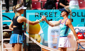 2023-04-25 - Eugenie Bouchard of Canada & Elizabeth Mandlik of the United States in action during the second qualifications round of the Mutua Madrid Open 2023, Masters 1000 tennis tournament on April 25, 2023 at Caja Magica in Madrid, Spain - TENNIS - MUTUA MADRID OPEN 2023 - INTERNATIONALS - TENNIS