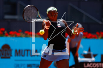 2023-04-27 - Coco Gauff of United States in action against Irene Burillo of Spain during the Mutua Madrid Open 2023, Masters 1000 tennis tournament on April 27, 2023 at Caja Magica in Madrid, Spain - TENNIS - MUTUA MADRID OPEN 2023 - INTERNATIONALS - TENNIS