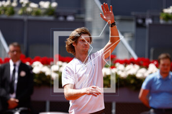 2023-04-28 - Andrey Rublev of Russia celebrates after winning against Stan Wawrinka of Switzerland during the Mutua Madrid Open 2023, Masters 1000 tennis tournament on April 28, 2023 at Caja Magica in Madrid, Spain - TENNIS - MUTUA MADRID OPEN 2023 - INTERNATIONALS - TENNIS