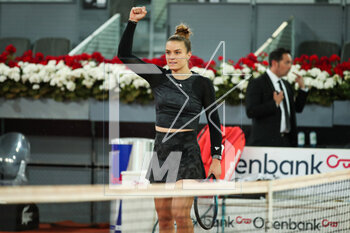 2023-05-02 - Maria Sakkari of Greece celebrates after winning against Irina-Camelia Begu of Romania during the Mutua Madrid Open 2023, Masters 1000 tennis tournament on May 2, 2023 at Caja Magica in Madrid, Spain - TENNIS - MUTUA MADRID OPEN 2023 - INTERNATIONALS - TENNIS