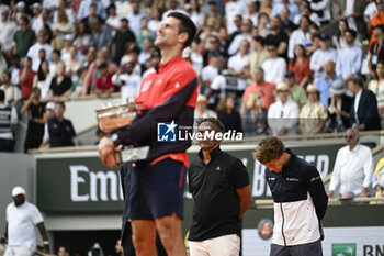 2023-06-11 - Novak Djokovic, Casper Rudd and Yannick Noah during the French Open final, Grand Slam tennis tournament on June 11, 2023 at Roland Garros stadium in Paris, France. Photo Victor Joly / DPPI - TENNIS - ROLAND GARROS 2023 - WEEK 2 - INTERNATIONALS - TENNIS