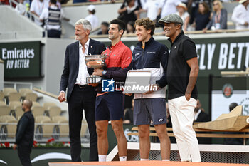 2023-06-11 - Gilles Moretton, Capser Ruud Yannick Noah and Novak Djokovic during the French Open final, Grand Slam tennis tournament on June 11, 2023 at Roland Garros stadium in Paris, France. Photo Victor Joly / DPPI - TENNIS - ROLAND GARROS 2023 - WEEK 2 - INTERNATIONALS - TENNIS