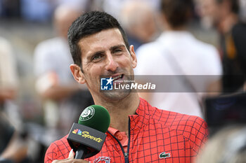 2023-06-11 - Novak Djokovic interviewed during the French Open final, Grand Slam tennis tournament on June 11, 2023 at Roland Garros stadium in Paris, France. Photo Victor Joly / DPPI - TENNIS - ROLAND GARROS 2023 - WEEK 2 - INTERNATIONALS - TENNIS