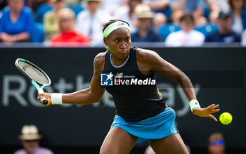 2023-06-27 - Coco Gauff of the United States in action during the first round of the 2023 Rothesay International, WTA 500 tennis tournament on June 27, 2023 at Devonshire Park in Eastbourne, England - TENNIS - WTA - ROTHESAY INTERNATIONAL 2023 - INTERNATIONALS - TENNIS