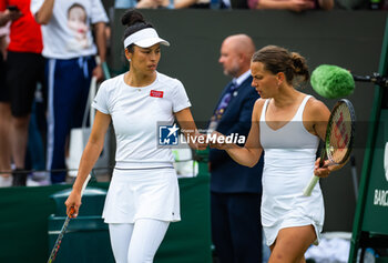2023-07-08 - Su-Wei Hsieh of Chinese Taipeh & Barbora Stryocva of the Czech Republic in action during the first round of doubles at the 2023 Wimbledon Championships on July 8, 2023 at All England Lawn Tennis & Croquet Club in Wimbledon, England - TENNIS - WIMBLEDON 2023 - INTERNATIONALS - TENNIS