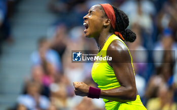 2023-08-28 - Coco Gauff of the United States in action during the first round of the 2023 US Open Tennis Championships, Grand Slam tennis tournament on August 28, 2023 at USTA National Tennis Center in New York, United States - TENNIS - US OPEN 2023 - INTERNATIONALS - TENNIS