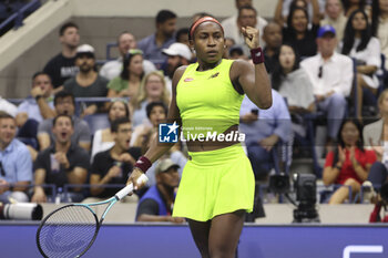 2023-08-28 - Coco Gauff of USA celebrates a point during day 1 of the 2023 US Open Tennis Championships, Grand Slam tennis tournament on August 28, 2023 at USTA Billie Jean King National Tennis Center in New York, United States - TENNIS - US OPEN 2023 - INTERNATIONALS - TENNIS