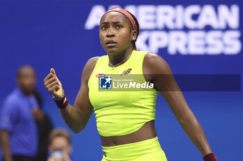 2023-08-28 - Coco Gauff of USA celebrates her first round victory during day 1 of the 2023 US Open Tennis Championships, Grand Slam tennis tournament on August 28, 2023 at USTA Billie Jean King National Tennis Center in New York, United States - TENNIS - US OPEN 2023 - INTERNATIONALS - TENNIS