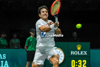 2023-09-12 - Cristian Garin (CHI) hits the ball with his forehand during Davis Cup 2023 Group A match between Leo Borg (SWE) in Bologna 12/09/23 at the Unipol Arena - DAVIS CUP - SWEDEN VS CHILE - INTERNATIONALS - TENNIS