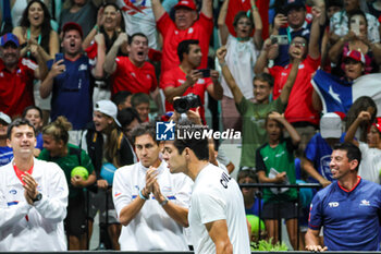 2023-09-12 - Cristian Garin (CHI) celebrates after winning the match during Davis Cup 2023 Group A match between Leo Borg (SWE) in Bologna 12/09/23 at the Unipol Arena. - DAVIS CUP - SWEDEN VS CHILE - INTERNATIONALS - TENNIS