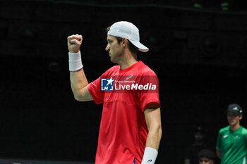 2023-09-12 - Nicolas Jarry (CHI) celebrates after winning the point during Davis Cup 2023 Group A match between Elias Ymer (SWE) in Bologna 12/09/23 at the Unipol Arena - DAVIS CUP - SWEDEN VS CHILE - INTERNATIONALS - TENNIS