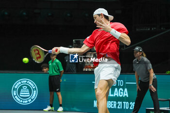 2023-09-12 - Nicolas Jarry (CHI) hits the ball with his forehand during Davis Cup 2023 Group A match between Elias Ymer (SWE) in Bologna 12/09/23 at the Unipol Arena - DAVIS CUP - SWEDEN VS CHILE - INTERNATIONALS - TENNIS
