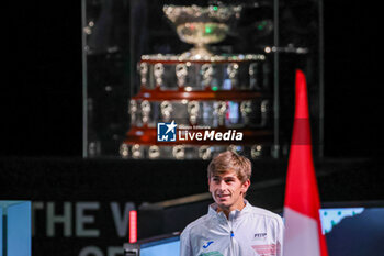 2023-09-13 - Matteo Arnaldi (ITA) on stage at during Davis Cup 2023 Group A at the Unipol Arena in Bologna on 13/09/23 - DAVIS CUP - CANADA VS ITALY - INTERNATIONALS - TENNIS