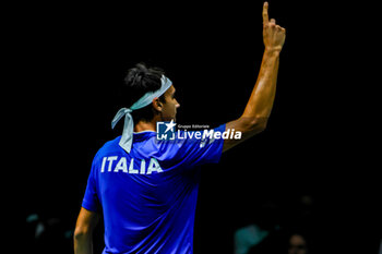 2023-09-13 - Lorenzo Sonego (ITA) celebrates after winning the point during Davis Cup 2023 Group A match between Alexis Galarneau (CAN) at the Unipol Arena in Bologna on 13/09/23 - DAVIS CUP - CANADA VS ITALY - INTERNATIONALS - TENNIS