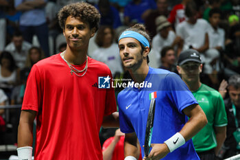 2023-09-13 - Gabriel Diallo (CAN) and Lorenzo Musetti (ITA) before the match during Davis Cup 2023 Group A match at the Unipol Arena in Bologna on 13/09/23 - DAVIS CUP - CANADA VS ITALY - INTERNATIONALS - TENNIS