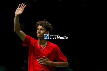 2023-09-13 - Gabriel Diallo (CAN) celebrates after winning the match during Davis Cup 2023 Group A match between Lorenzo Musetti (ITA) at the Unipol Arena in Bologna on 13/09/23 - DAVIS CUP - CANADA VS ITALY - INTERNATIONALS - TENNIS
