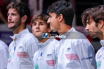 2023-09-15 - Matteo Arnaldi (ITA) and Lorenzo Sonego (ITA) during presentation at Davis Cup 2023 Group A match between Chile at the Unipol Arena in Bologna on 15/09/23 - 2023 DAVIS CUP - ITALY VS CHILE - INTERNATIONALS - TENNIS