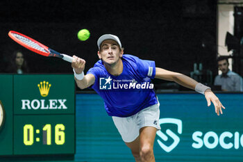 2023-09-15 - Matteo Arnaldi (ITA)hits the ball with his forehand during Davis Cup 2023 Group A match between at the Unipol Arena in Bologna on 15/09/23 - 2023 DAVIS CUP - ITALY VS CHILE - INTERNATIONALS - TENNIS