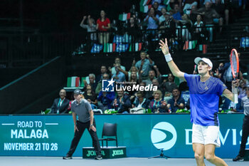 2023-09-15 - Matteo Arnaldi (ITA) celebrates after winning the match during Davis Cup 2023 Group A match between Cristian Garin (CHI) at the Unipol Arena in Bologna on 15/09/23 - 2023 DAVIS CUP - ITALY VS CHILE - INTERNATIONALS - TENNIS