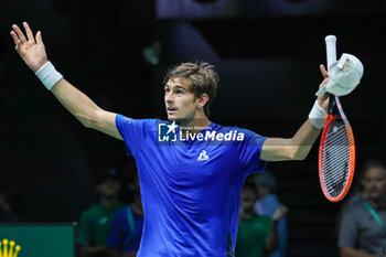 2023-09-15 - Matteo Arnaldi (ITA) celebrates after winning the match during Davis Cup 2023 Group A match between Cristian Garin (CHI) at the Unipol Arena in Bologna on 15/09/23 - 2023 DAVIS CUP - ITALY VS CHILE - INTERNATIONALS - TENNIS