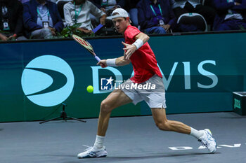 2023-09-15 - Nicolas Jarry (CHI) hits the ball with his forehand during Davis Cup 2023 Group A match between Lorenzo Sonego (ITA) at the Unipol Arena in Bologna on 15/09/23 - 2023 DAVIS CUP - ITALY VS CHILE - INTERNATIONALS - TENNIS