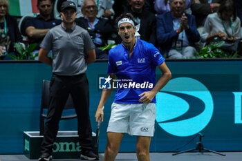2023-09-15 - Lorenzo Sonego (ITA) celebrates after winning the pointduring Davis Cup 2023 Group A match between at the Unipol Arena in Bologna on 15/09/23 - 2023 DAVIS CUP - ITALY VS CHILE - INTERNATIONALS - TENNIS