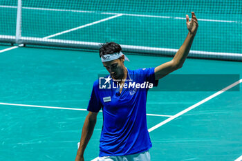 2023-09-15 - Lorenzo Sonego (ITA) celebrates after winning the pointduring Davis Cup 2023 Group A match between at the Unipol Arena in Bologna on 15/09/23 - 2023 DAVIS CUP - ITALY VS CHILE - INTERNATIONALS - TENNIS