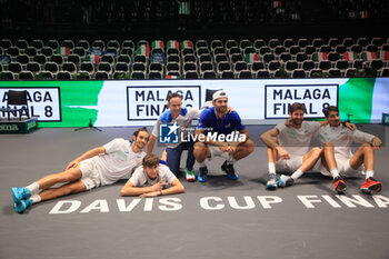 2023-09-17 - the italy’s team jubilates for qualification to Malaga Final 8 at the end of Italy vs Sweden - Davis Cup Finals group A double match between Simone Bolelli and Lorenzo Musetti (ITA) VS. Andre Goransson and Filip Bergevi at Unipol Arena - sport, tennis - September 17, 2023, Bologna, Italy - photo. c.b. - 2023 DAVIS CUP - ITALY VS SWEDEN - INTERNATIONALS - TENNIS
