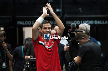 2023-09-16 - Alexis Galarneau jubilates at the end of the group A match of the Davis tennis cup final Canada vs Chile at Unipol arena, Bologna, Italy, September 16, 2023 - photo c.b. - 2023 DAVIS CUP - CANADA VS CHILE - INTERNATIONALS - TENNIS