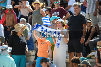 2023-09-16 - Greek fans are having fun during day one of the Davis Cup World Group I, 1st Round game between Greece and Slovakia at Panathenaic Stadium on September 16, 2023, in Athens, Greece. - WORLD GROUP I 1ST ROUND GREECE-SLOVAKIA MATCH 2 STEFANOS TSITSIPAS VS LUKAS KLEIN - INTERNATIONALS - TENNIS