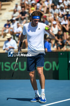 2023-09-16 - Stefanos Tsitsipas of Greece plays in his singles match against Lukas Klein of Slovakia during day one of the Davis Cup World Group I, 1st round game between Greece and Slovakia at Panathenaic Stadium on September 16, 2023, in Athens, Greece. - WORLD GROUP I 1ST ROUND GREECE-SLOVAKIA MATCH 2 STEFANOS TSITSIPAS VS LUKAS KLEIN - INTERNATIONALS - TENNIS