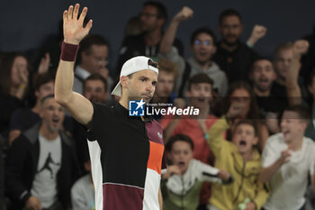 2023-10-30 - Grigor Dimitrov of Bulgaria celebrates his first round victory against Lorenzo Musetti of Italy during day 1 of the Rolex Paris Masters 2023, ATP Masters 1000 tennis tournament on October 30, 2023 at Accor Arena in Paris, France - TENNIS - ATP - ROLEX PARIS MASTERS 2023 - INTERNATIONALS - TENNIS