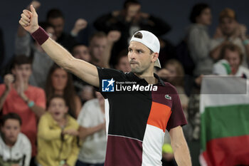 2023-10-30 - Grigor Dimitrov of Bulgaria celebrates his first round victory against Lorenzo Musetti of Italy during day 1 of the Rolex Paris Masters 2023, ATP Masters 1000 tennis tournament on October 30, 2023 at Accor Arena in Paris, France - TENNIS - ATP - ROLEX PARIS MASTERS 2023 - INTERNATIONALS - TENNIS