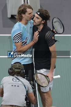 2023-11-02 - Alexander Sasha Zverev of Germany shakes hands with winner Stefanos Tsitsipas of Greece during day 4 of the Rolex Paris Masters 2023, ATP Masters 1000 tennis tournament on November 2, 2023 at Accor Arena in Paris, France - TENNIS - ATP - ROLEX PARIS MASTERS 2023 - INTERNATIONALS - TENNIS