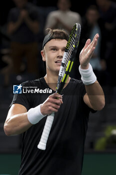 2023-11-03 - Holger Rune of Denmark celebrates his victory during day 4 of the Rolex Paris Masters 2023, ATP Masters 1000 tennis tournament on November 2, 2023 at Accor Arena in Paris, France - TENNIS - ATP - ROLEX PARIS MASTERS 2023 - INTERNATIONALS - TENNIS