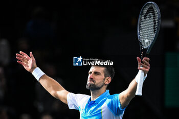 2023-11-04 - Novak DJOKOVIC of Serbia celebrates his victory during the sixth day of the Rolex Paris Masters 2023, ATP Masters 1000 tennis tournament on November 04, 2023 at Accor Arena in Paris, France - TENNIS - ATP - ROLEX PARIS MASTERS 2023 - INTERNATIONALS - TENNIS