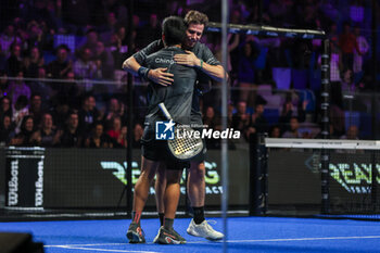 2023-12-07 - (R-L) Navarro Francisco Paquito (ESP) celebrates the victory at the end of the macth with Chingotto Federico (ARG) during Milano Premiere Padel P1 match between Bergamini Lucas (BRA)/Ruiz Victor (ESP) vs Chingotto Federico (ARG)/Navarro Francisco (ESP) at Allianz Cloud Arena, Milan, Italy on December 07, 2023 - MILANO PREMIER PADEL - PADEL - TENNIS