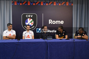 2023-09-13 - Andrea Giani, Benjamin Toniutti, Simone Giannelli and Ferdinando De Giorgi during the Press Conference to present the final phase of the European Men's Volleyball Championship, 13 September 2023, Hotel Mercure Roma West, Rome, Italy - CEV EUROVOLLEY 2023 FINALS PRESS CONFERENCE - CEV EUROVOLLEY MEN - VOLLEYBALL