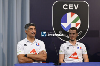 2023-09-13 - Andrea Giani and Benjamin Toniutti during the Press Conference to present the final phase of the European Men's Volleyball Championship, 13 September 2023, Hotel Mercure Roma West, Rome, Italy - CEV EUROVOLLEY 2023 FINALS PRESS CONFERENCE - CEV EUROVOLLEY MEN - VOLLEYBALL