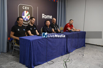 2023-09-13 - Gheorghe Cretu, Tine Urnaut, Bartosz Kurek and Nikola Grbic during the Press Conference to present the final phase of the European Men's Volleyball Championship, 13 September 2023, Hotel Mercure Roma West, Rome, Italy - CEV EUROVOLLEY 2023 FINALS PRESS CONFERENCE - CEV EUROVOLLEY MEN - VOLLEYBALL