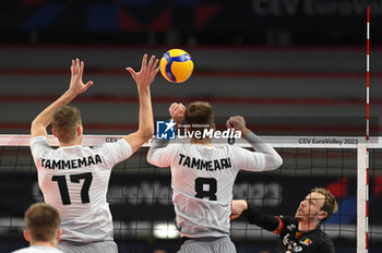 2023-09-05 - Estonia's Tammemaa Timo #17 and Estonia's Tammearu Mart #8 block - BELGIUM VS ESTONIA - CEV EUROVOLLEY MEN - VOLLEYBALL