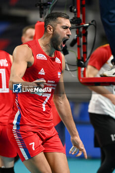 2023-09-05 - Serbia's Krsmanovic Petar #7 cheers after scoring a point - GERMANY VS SERBIA - CEV EUROVOLLEY MEN - VOLLEYBALL